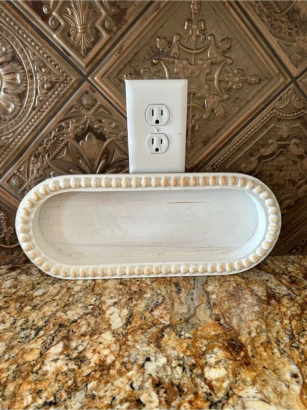 Decorative White Beaded Oval Tray - Farmhouse Home Bath Accent